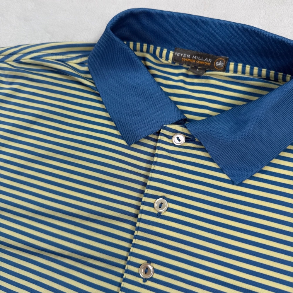 Peter Millar Summer Comfort Polo Shirt Mens Large Blue Yellow Stripe Gold Strike